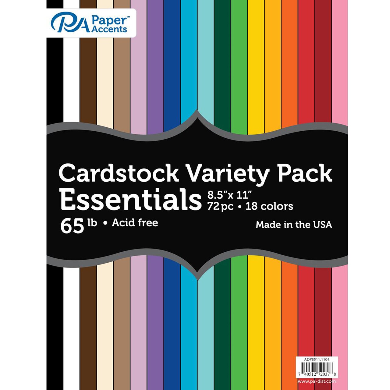 Paper Accents Variety Pack 8.5" x 11" 72pc 65 lb Essential Colored Cardstock Paper, 4 sheets each of 18 colors include: white, black and shades of brown, purple, blue, green, yellow, and red.